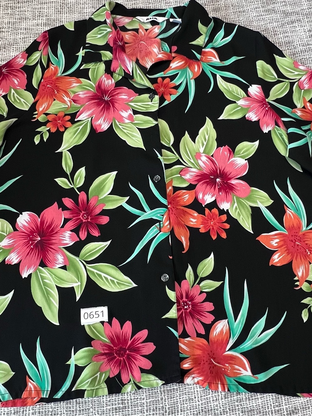 Alia Black Button-Down Shirt with Red & Green Tropical Floral Print
